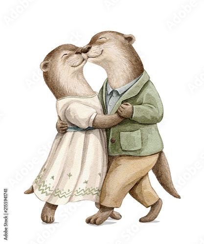 Vintage cartoon composition with pair couple of otters animals characters dancing in clothes isolated on white background. Watercolor hand drawn illustration sketch