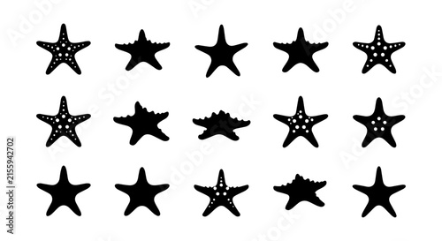 Black Starfish Icons Set, Marine Life Vector Graphics, Ocean Nautical Symbols Collection