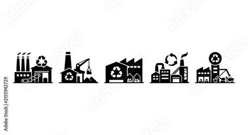 Industrial Factory Icons, Eco-Friendly Manufacturing Symbols, Renewable Energy Plant Graphics, Sustainable Production Vector Set