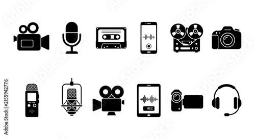 Audio Visual Equipment Icons Set, Retro and Modern Media Devices Collection, Recording Technology Graphics
