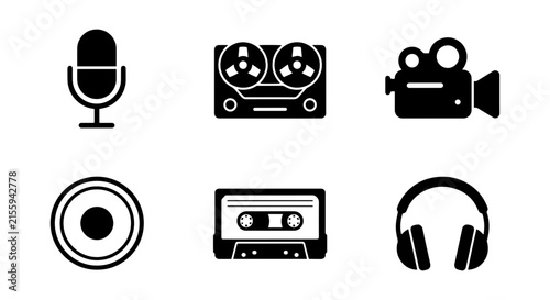 Retro Audio and Video Icons: Microphone, Reel-to-Reel, Camera, Cassette, Headphones