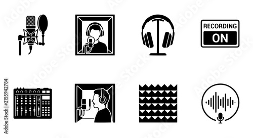 Audio Recording Icons Set: Microphone, Headphones, Mixer, Studio Booth, Sound Wave