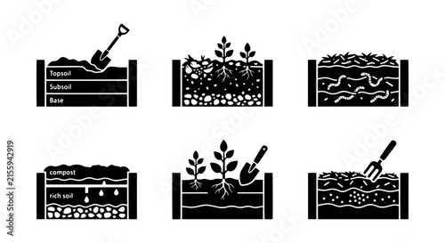 Raised Garden Bed Layers, Soil Composition, and Planting Icons. Organic Gardening, Composting, and Farming Vector Set.