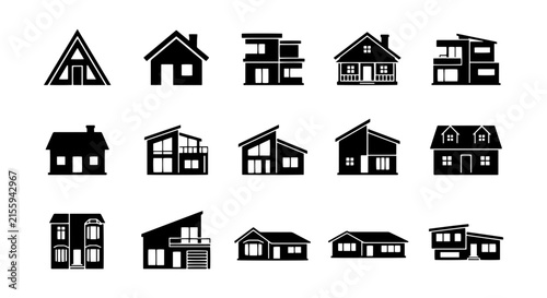 Modern & Traditional House Icons Set, Diverse Architectural Styles Collection, Simple Building Silhouettes