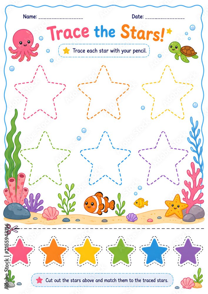 Naklejka premium Preschool Ocean Star Tracing and Cutting Worksheet
