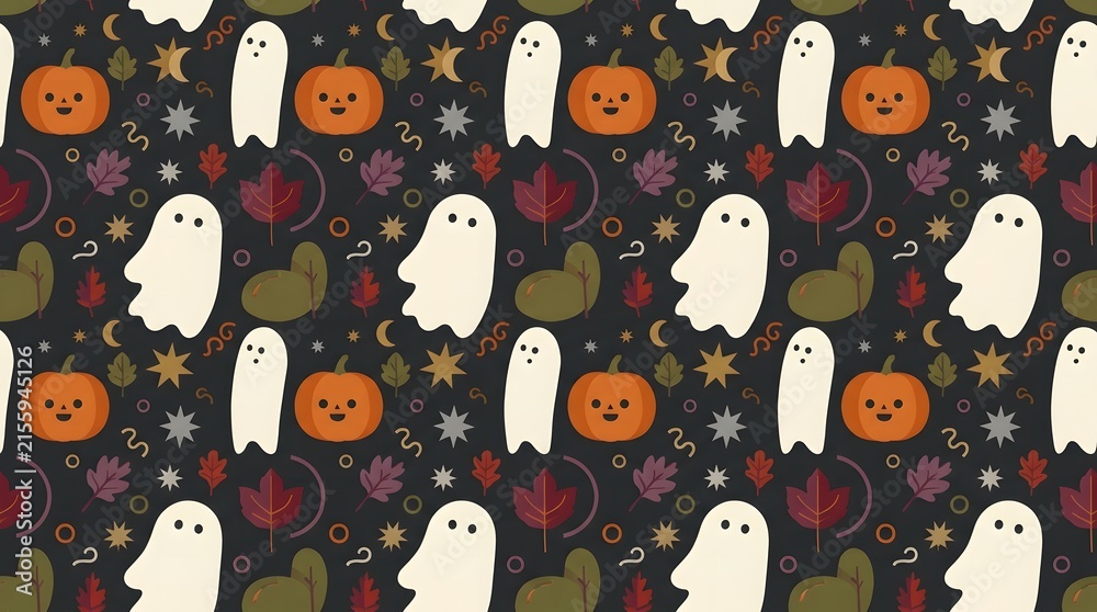 Halloween seamless vector pattern with pumpkins and ghosts on dark purple background for festive designs