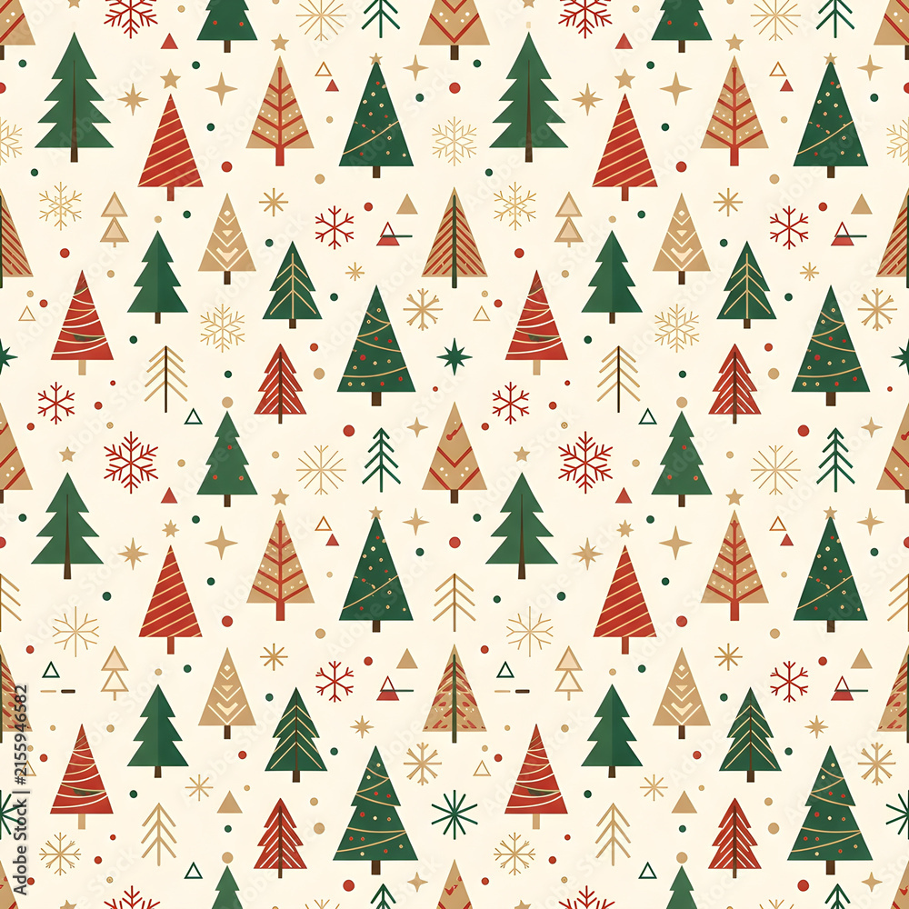 Obraz premium A charming Scandinavian seamless Christmas pattern featuring stylized graphic Christmas trees, simple geometric shapes, tiny stars, dots and snowflakes, minimalist Nordic aesthetic, forest green,