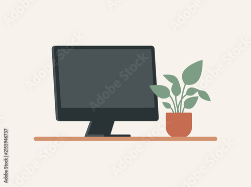 Flat illustration of a computer monitor and a green plant on a wooden desk.