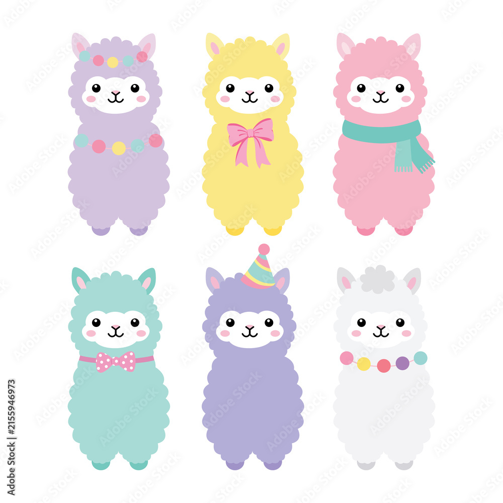 Obraz premium Cute pastel alpaca and llama character collection featuring six adorable animals with bows, scarves, garlands, and a party hat, isolated on a white background. Sweet nursery illustration