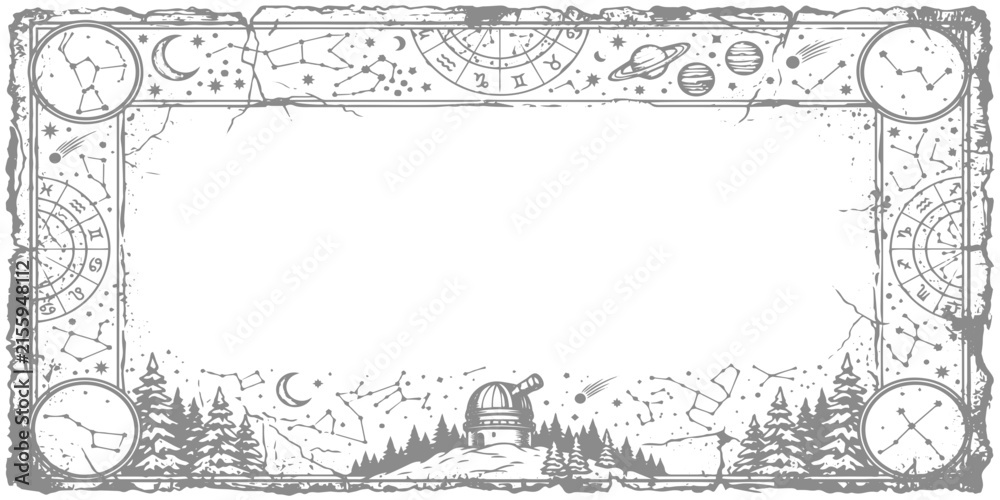 Obraz premium Celestial astronomy frame with planets and observatory border