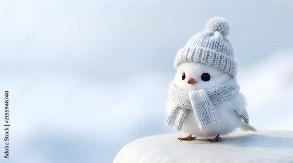Obraz premium Adorable Fluffy White Bird Wearing a Tiny Knitted Grey Hat and Scarf in a Snowy Winter Landscape