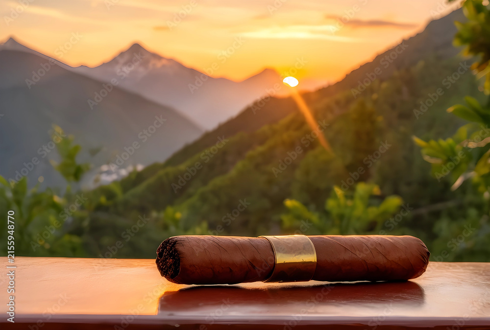 Fototapeta premium Luxury cigar with a golden band resting on a wooden table against a scenic mountain sunset backdrop, the background features a breathtaking mountain landscape at sunset