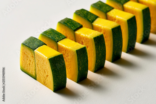 Sliced squash arranged in a line, showcasing vibrant colors and fresh textures.