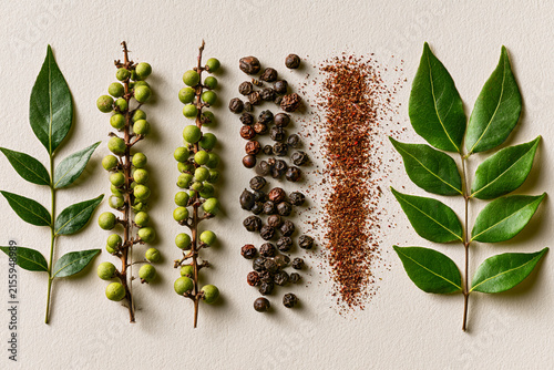 A beautiful arrangement showcasing various spices and herbs on a neutral background.