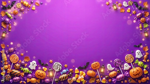 Festive halloween border with candy pumpkins and spooky treats on a purple background