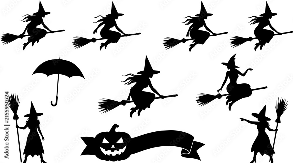 Fototapeta premium Halloween witch silhouette collection, flying witches on broomsticks vector set, spooky pumpkin and umbrella icons for party decor