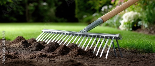 Garden rake on dark brown soil ready for planting with green grass in bright sunlight