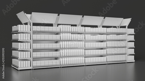 Retail gondola shelving mockup with angled blank toppers and blank goods. 3d illustration on grey background