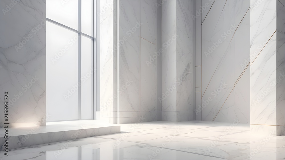 Fototapeta premium Modern minimalist luxury interior with white marble walls and polished floor, bright natural light, spacious clean design, empty room.