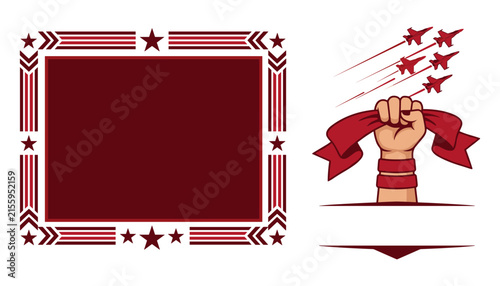 Foto Patriotic Military Frame and Graphic Set with Raised Fist Holding Ribbon Jet Fig