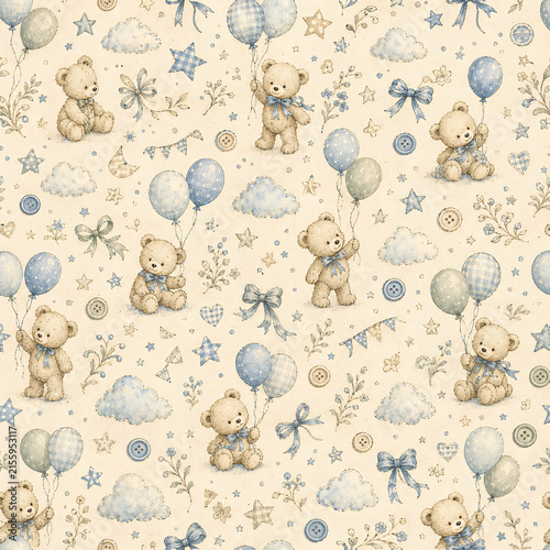 Retro Seamless Backgrounds Baby Boy Scrapbook Paper Vintage Blue and Cream Decorative Pattern Cute Bear