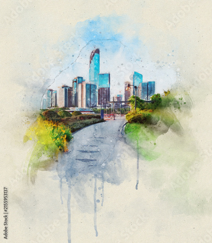 Abstract cityscape watercolor art with high rise buildings and paint splatters.