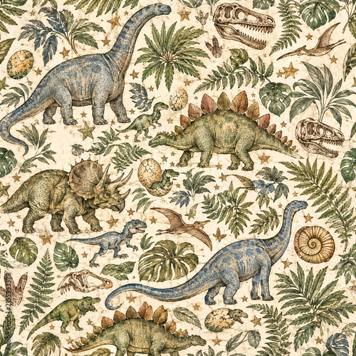 Retro Seamless Backgrounds Baby Boy Scrapbook Paper Vintage Blue and Cream Decorative Pattern Dinosaur