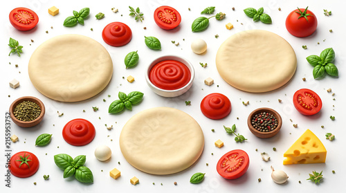Fresh pizza ingredients with dough and tomato sauce flat lay