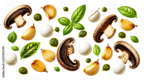 Fresh mushroom garlic mozzarella basil and pesto food pattern background