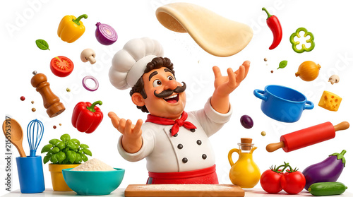 Cartoon chef tossing pizza dough with flying fresh ingredients