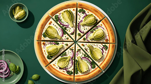 Artichoke Pizza With Red Onion Slices On Green Background
