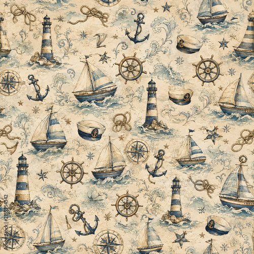 Retro Seamless Backgrounds Baby Boy Scrapbook Paper Vintage Blue and Cream Decorative Pattern Sea Ocean