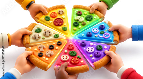 Diverse Hands Holding Colorful Pizza Slices Forming A Circle