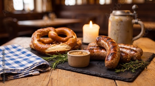 Luxury Bavarian Oktoberfest Food Still Life With Pretzel Sausages Mustard And Blue White Napkin On Rustic Table For German Festival Dining