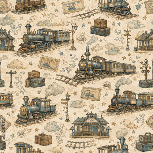 Retro Seamless Backgrounds Baby Boy Scrapbook Paper Vintage Blue and Cream Decorative Pattern