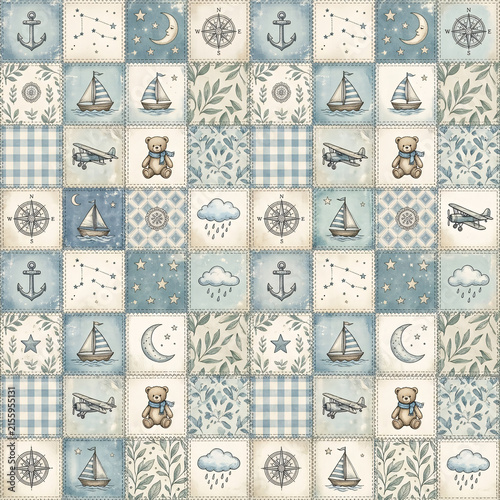 Retro Seamless Backgrounds Baby Boy Scrapbook Paper Vintage Blue and Cream Decorative Pattern