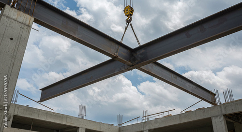 A massive steel structure is being hoisted by a crane hook against a blue sky.Concept of structural engineering and heavy construction.