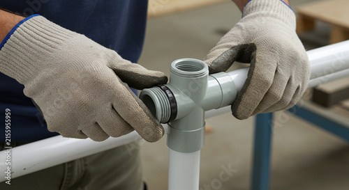 Plumber's hands fitting a pipe to a joint for a water plumbing systemConcept of plumbing installation and home improvement.
