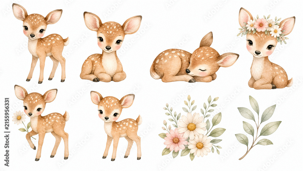 Obraz premium Cute watercolor woodland deer clipart set. Baby fawns with flower crown, daisies, and green leaves isolated on white background. For nursery decor and baby shower invitations