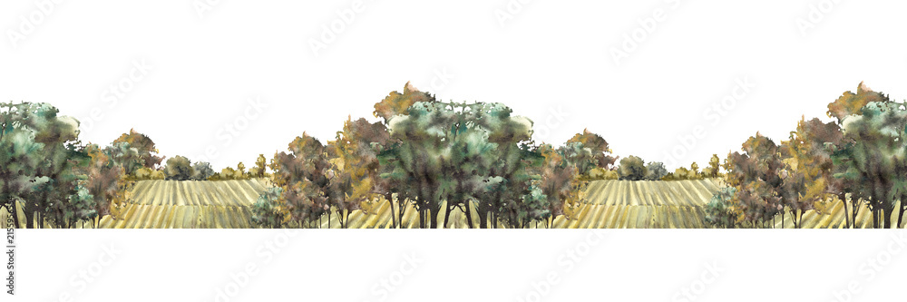 Fototapeta premium Watercolor Vineyard rows with trees seamless landscape border. Hand painted illustration for wine labels, packaging, banners, menus and agricultural design. Isolated from background rural pattern.