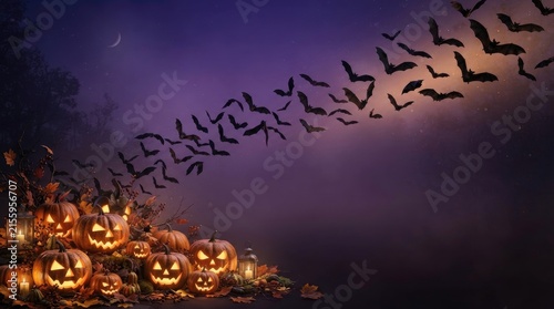 Spooky halloween scene with jack o lanterns and a swarm of bats in the night sky