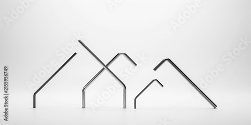 Set of five metal hex keys or allen wrenches arranged on a clean white background