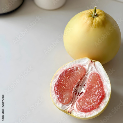 Whole and halved red pomelo...