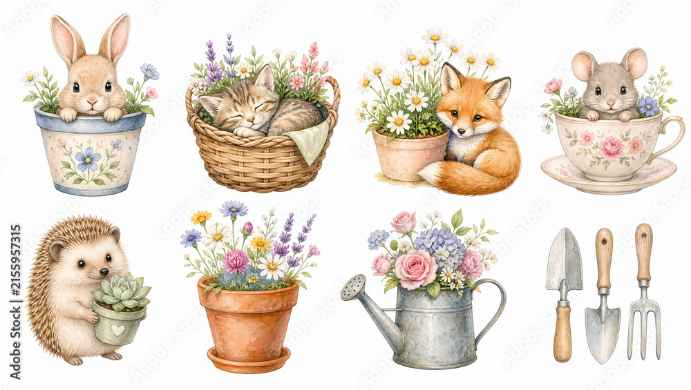 Naklejka premium Cute watercolor gardening spring animal clipart set. Bunny kitten fox mouse hedgehog flowers watering can tools isolated on white background. Baby shower and kids design elements