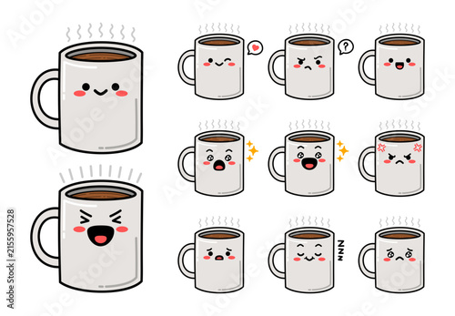 Cute Kawaii Mug Character Sticker Set with Different Facial Expressions