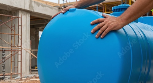 Worker guiding and installing a large blue water tank at a construction siteConcept of industrial installation and fluid storage.