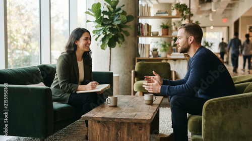 Woman takes notes while a man gestures during a conversation in an office lounge