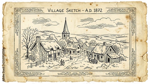 A beautifully detailed antique illustration depicts a lively and bustling town square in europe from a historic time period