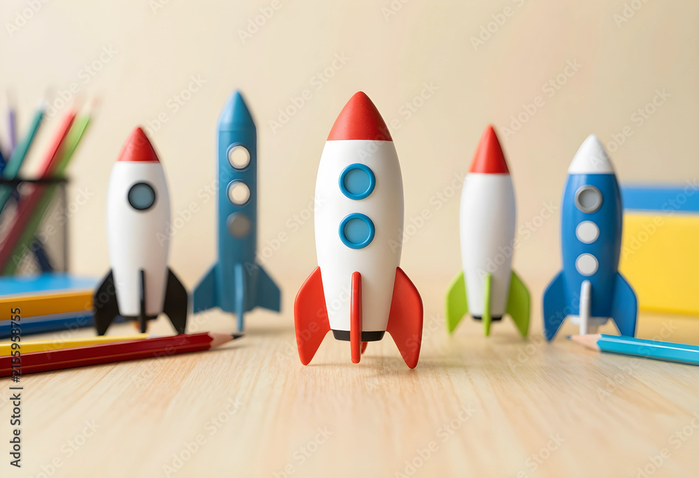 Fototapeta premium Row of colorful toy rockets on a wooden desk with School supplies, education, innovation, and startup growth