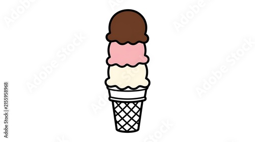 Colorful illustration of a triple scoop ice cream cone with chocolate strawberry and vanilla flavors on a white background